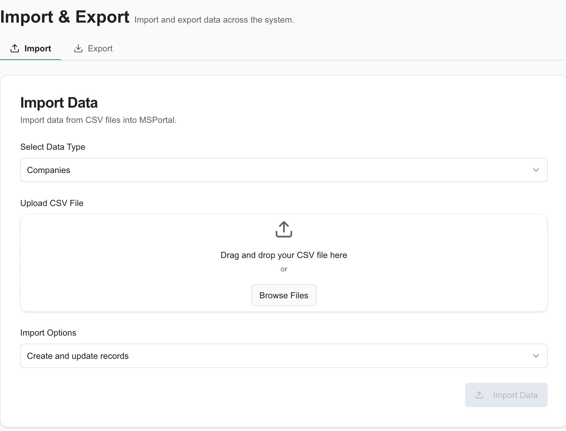 Choose the data type, CSV file and import mode before running Import Data.