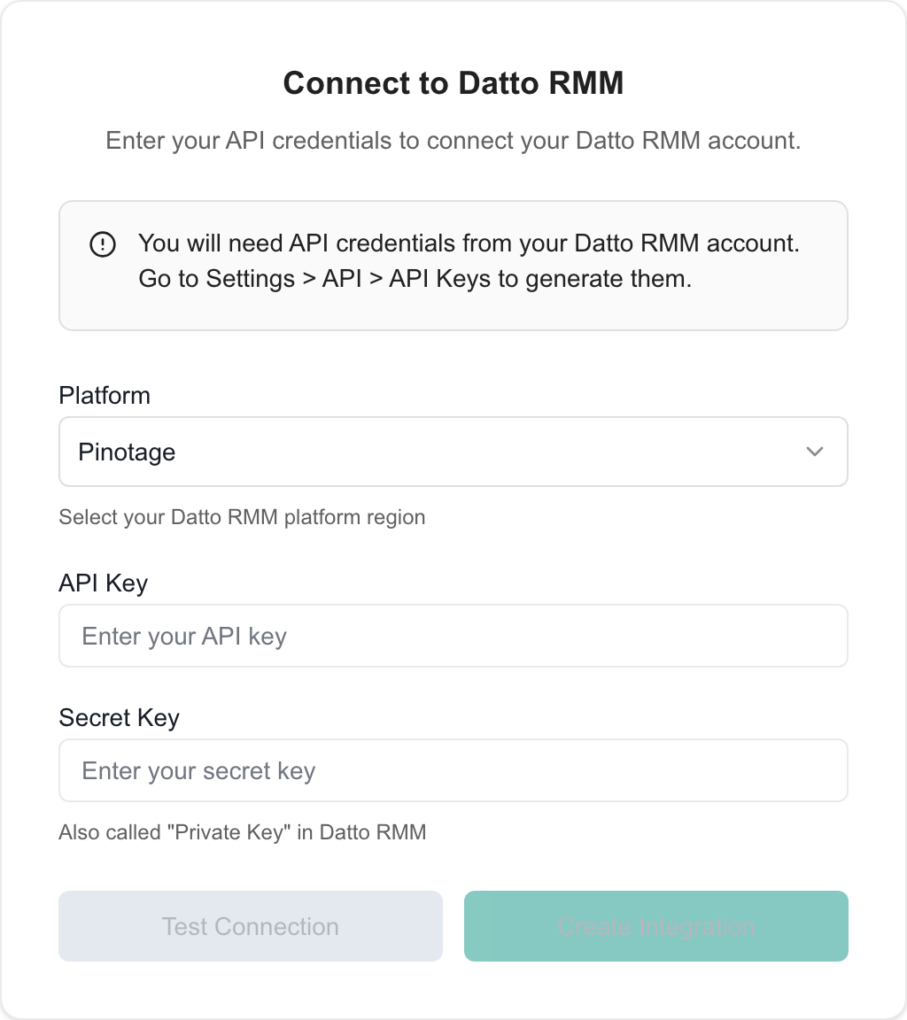 Datto RMM setup in MSPortal with blank credential inputs