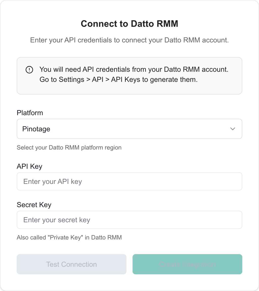 Datto RMM setup in MSPortal with blank credential inputs