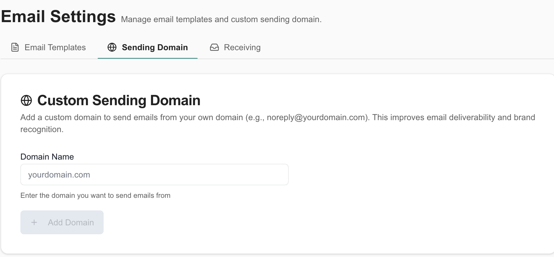 Email settings separates templates, sender verification and receiving addresses.