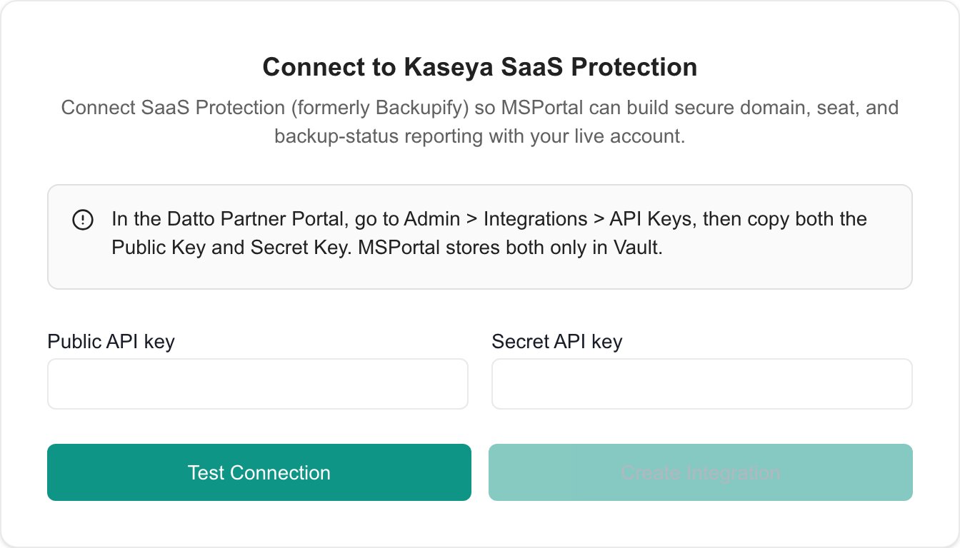 Kaseya Saas Protection connection form with blank credential fields and test and save controls