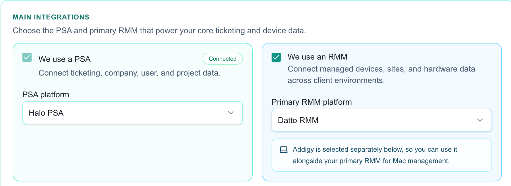 Choose the PSA and primary RMM for the plan; connection setup follows separately.