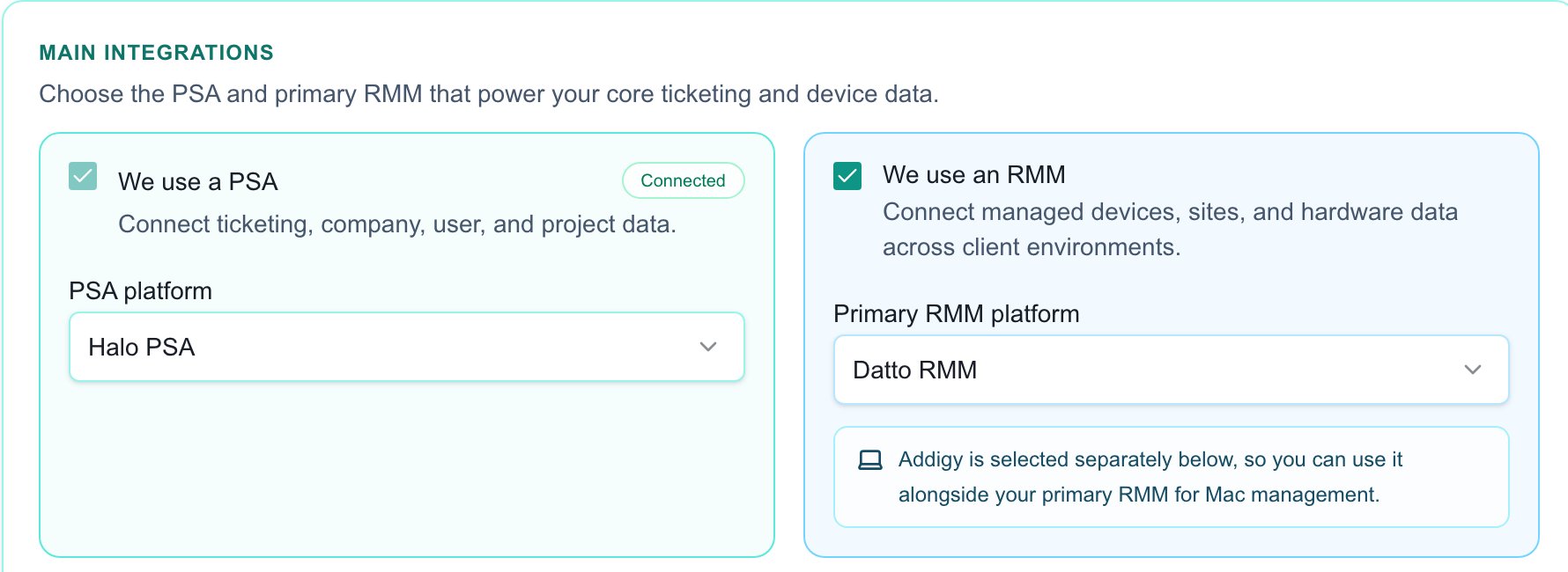 Choose the PSA and primary RMM for the plan; connection setup follows separately.