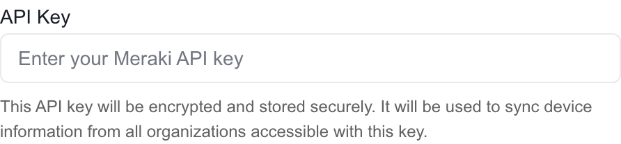 Cisco Meraki setup in MSPortal with a blank API Key field
