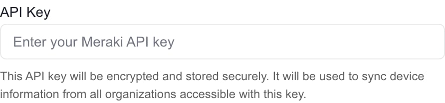 Cisco Meraki setup in MSPortal with a blank API Key field