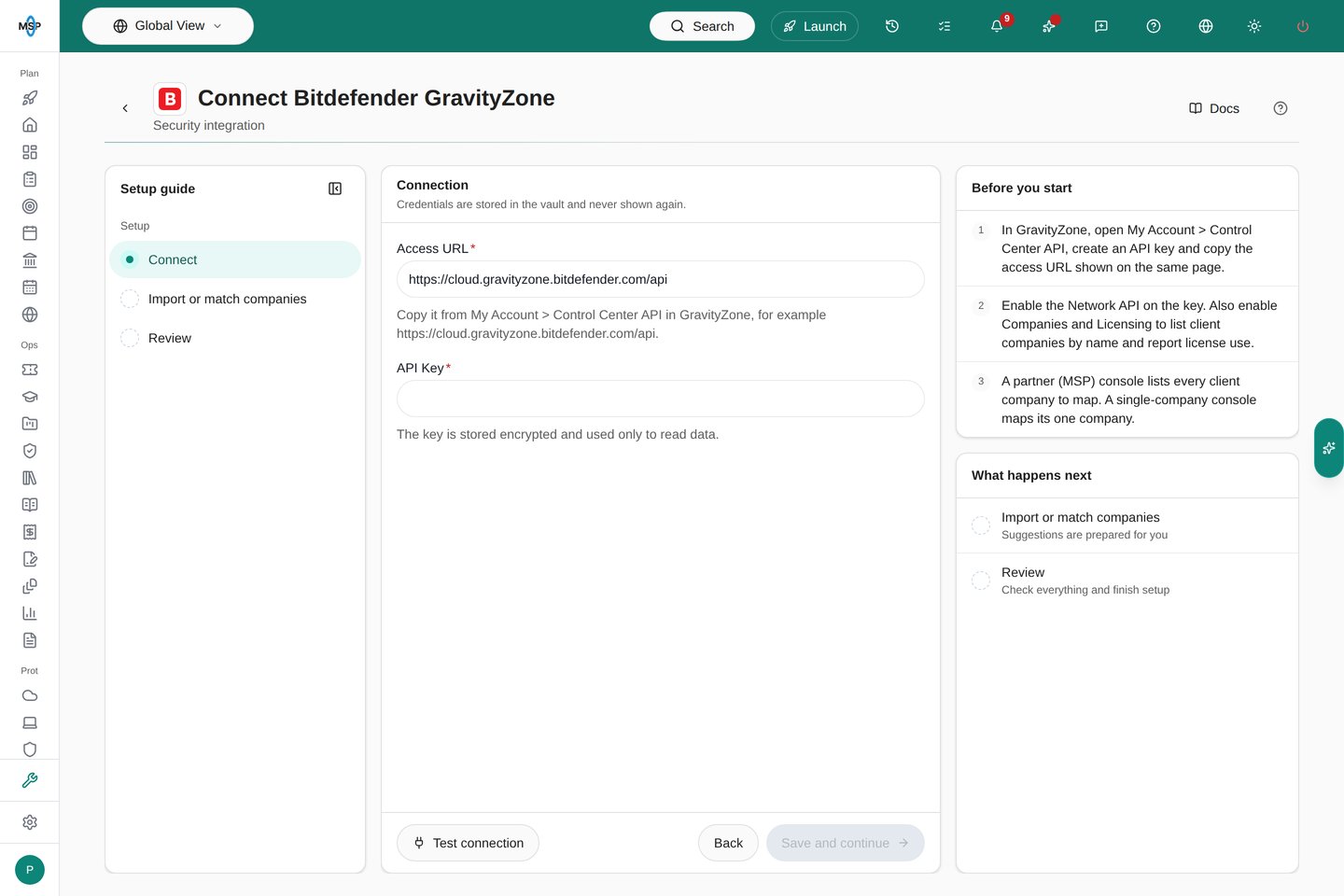 Connect Bitdefender GravityZone page with the Access URL and API Key fields and the Before you start steps.