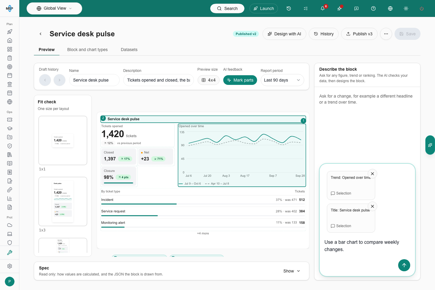 Block builder with a one-row toolbar and two selection cards in the AI composer