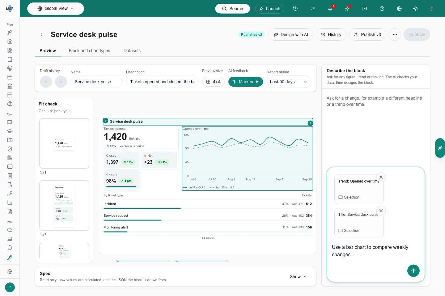 Block builder with a one-row toolbar and two selection cards in the AI composer