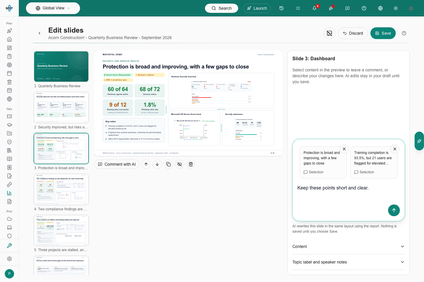 Slide editor with chart resize dividers, a hidden company logo and selected content in chat