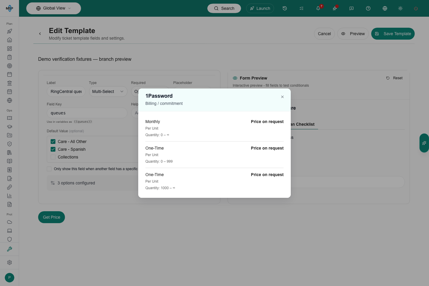 A compact Storefront pricing dialog with three distinct sample billing and quantity options