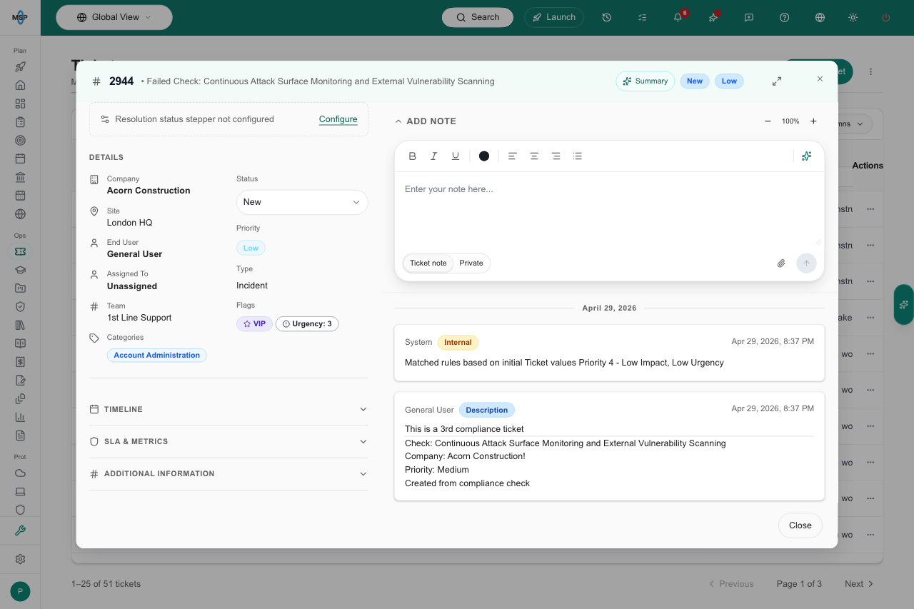 MSP staff ticket details and activity visible while the attachment request is pending