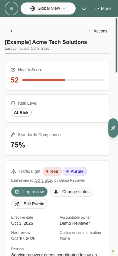 Traffic Light detail on a phone with status and Purple review controls