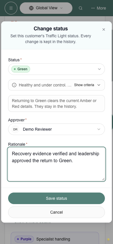 Return to Green on a phone with an approver and required rationale