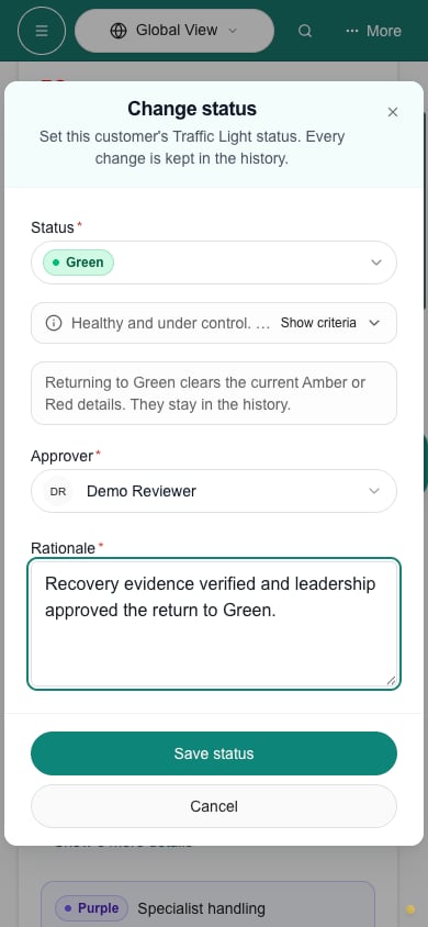 Return to Green on a phone with an approver and required rationale