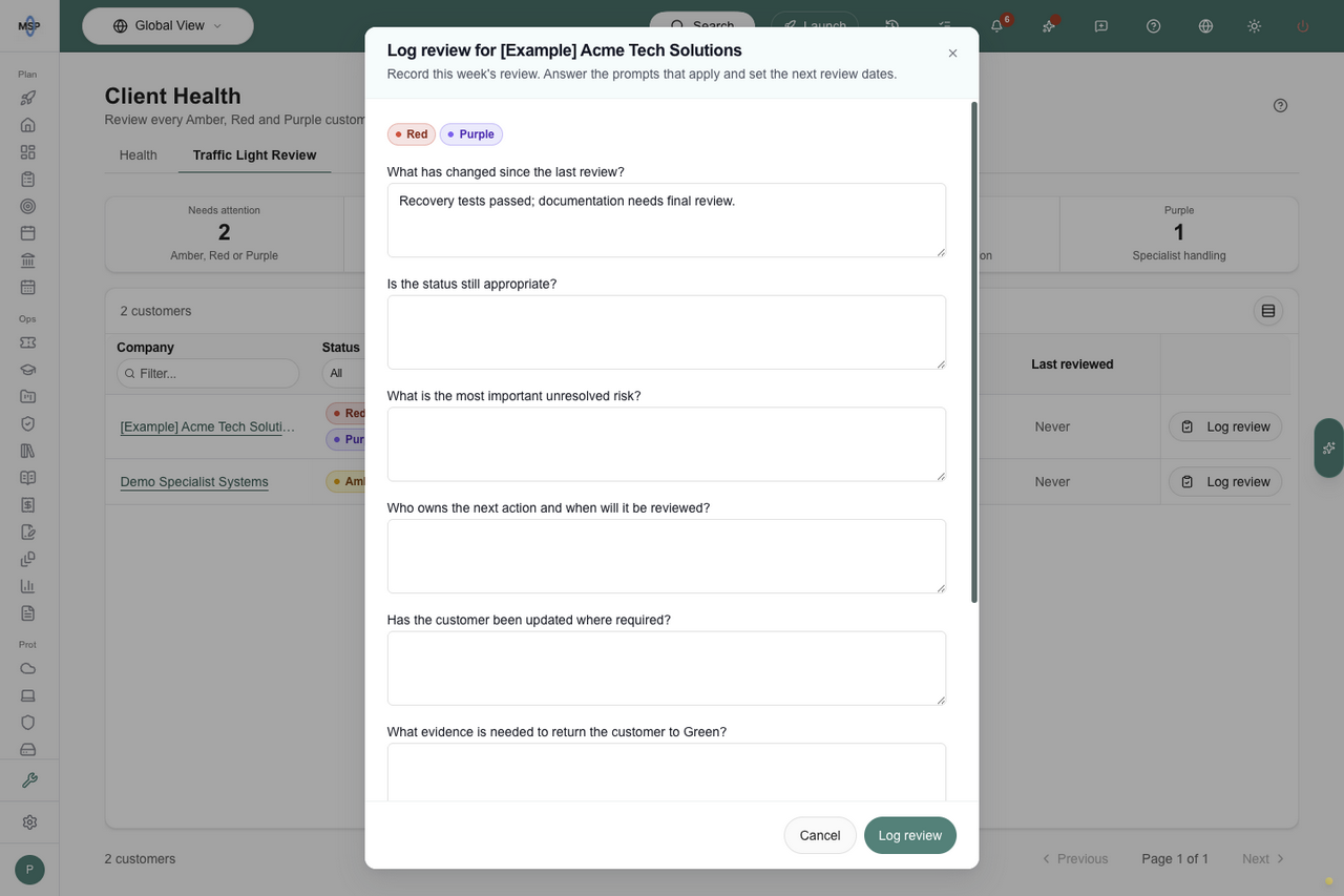 Log review dialog with Red and Purple and configured review questions