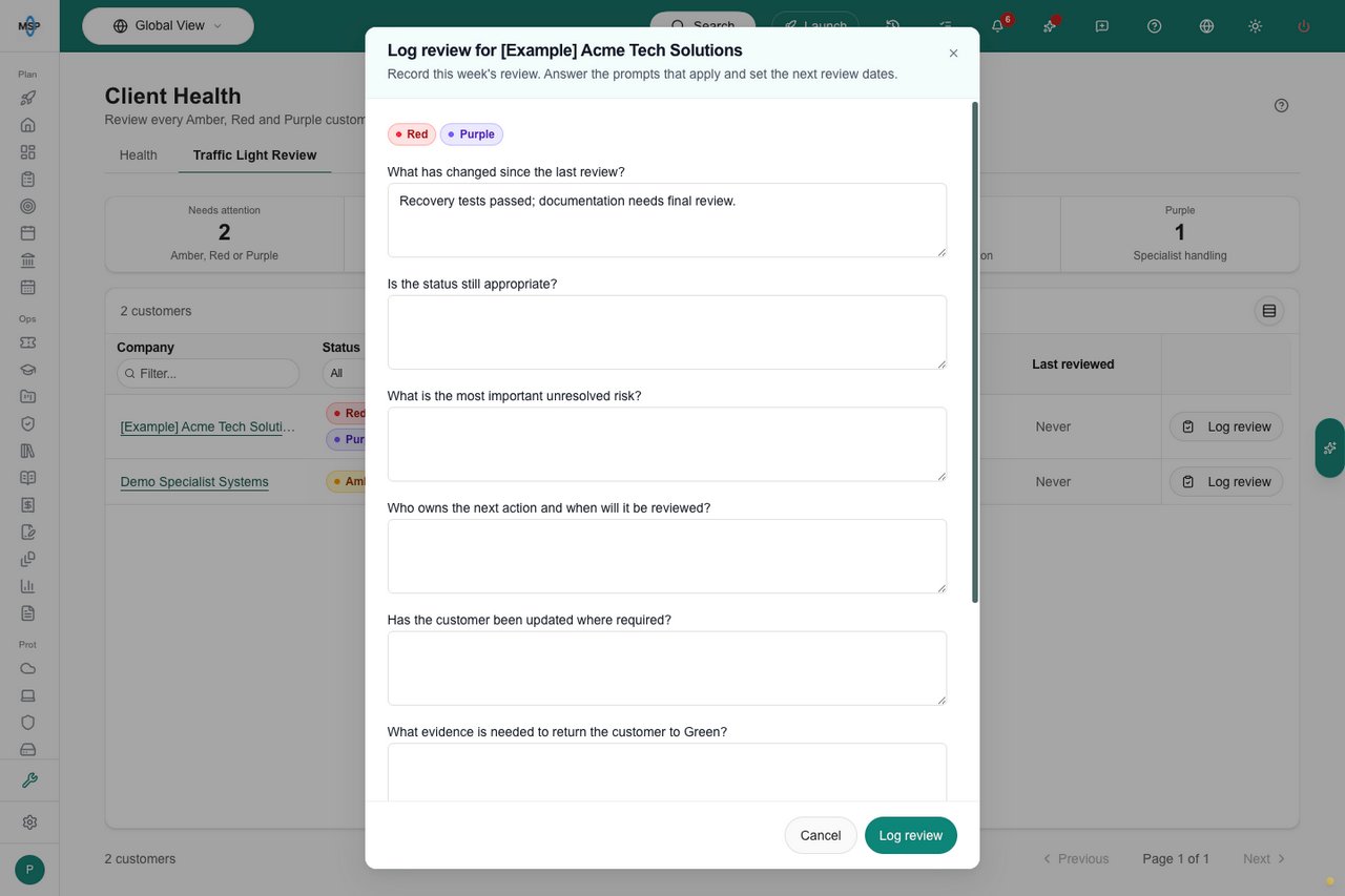 Log review dialog with Red and Purple and configured review questions