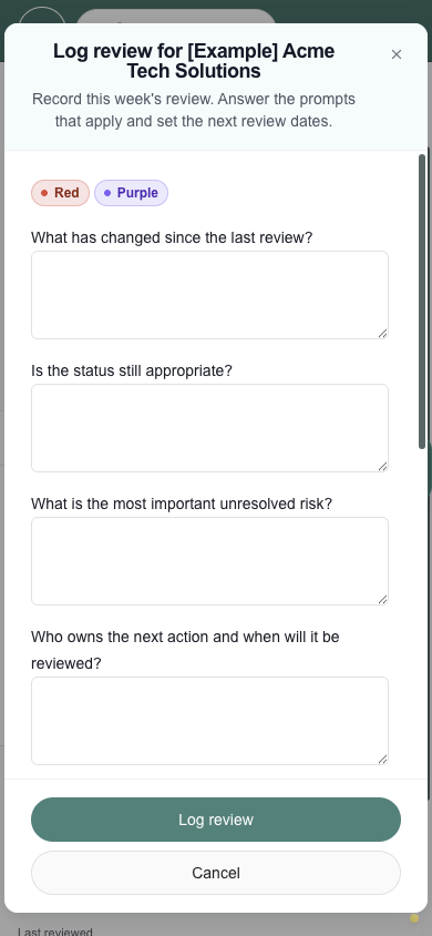 Log review dialog on a phone with configured questions and Save action