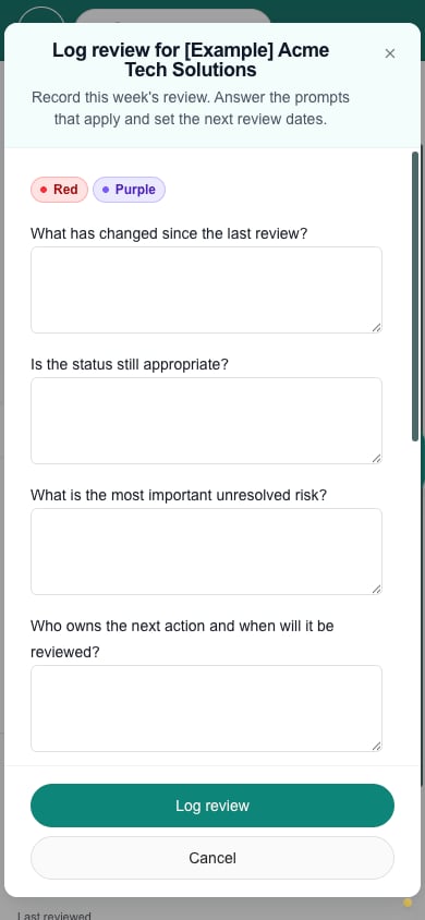 Log review dialog on a phone with configured questions and Save action
