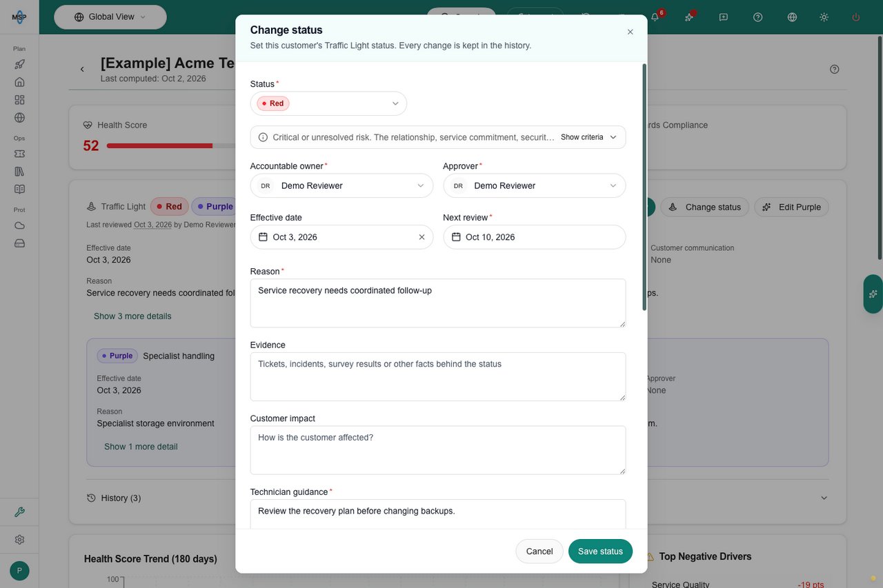 Change status dialog with Red selected, accountable owner, approver, reason and technician guidance