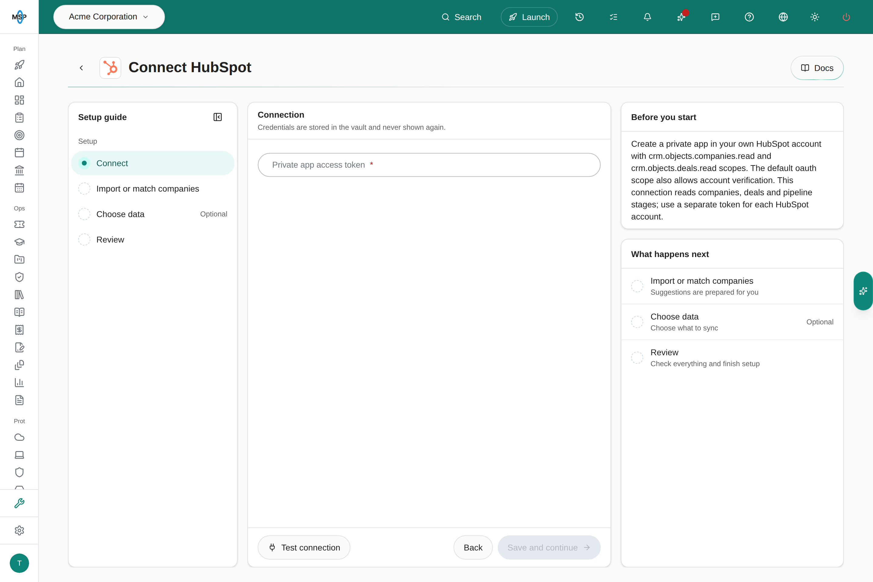 Connect HubSpot page with the Setup guide listing Connect, Import or match companies, Choose data and Review, the Private app access token field, and the Before you start panel listing the required scopes