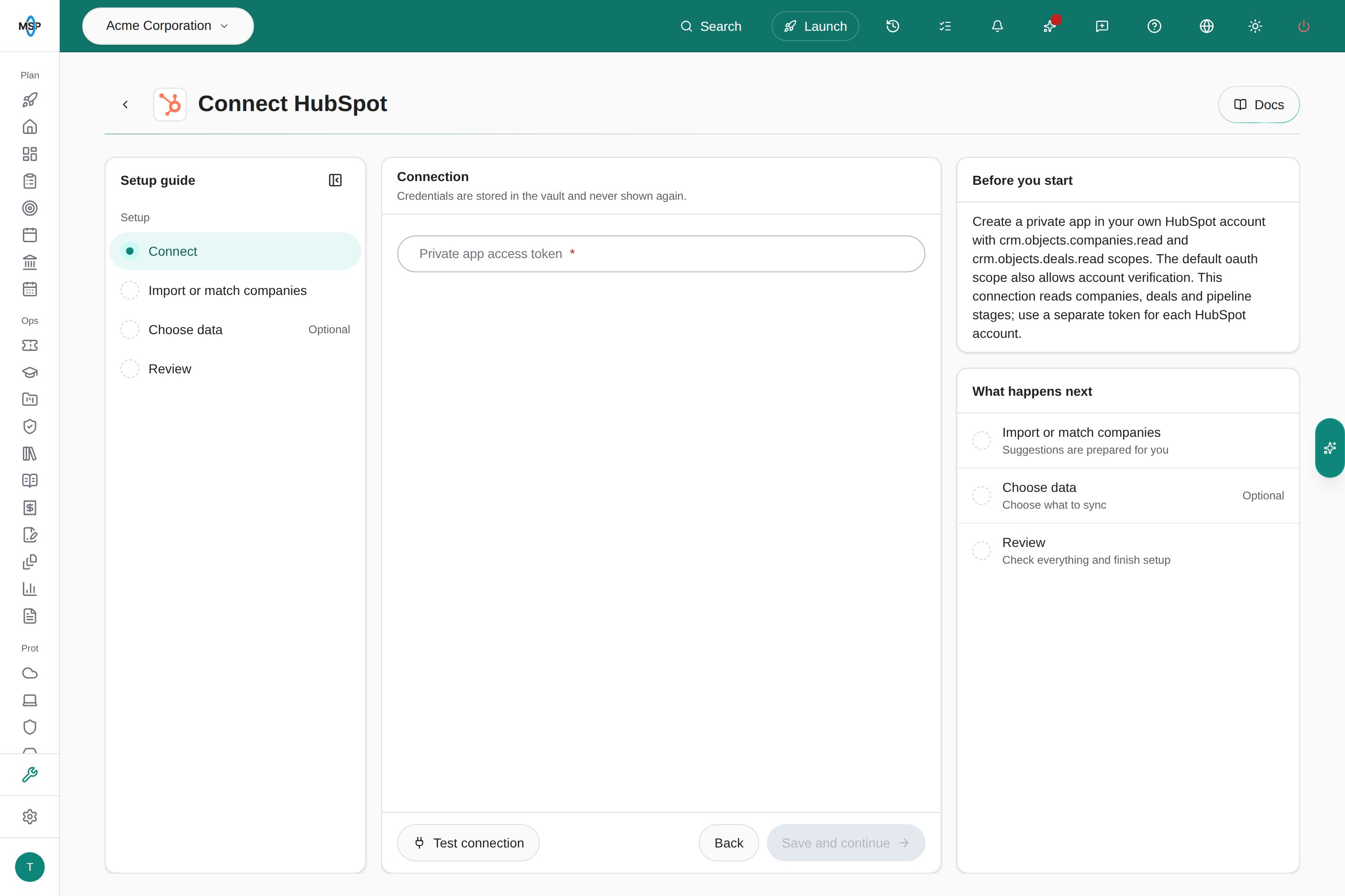 Connect HubSpot page with the Setup guide listing Connect, Import or match companies, Choose data and Review, the Private app access token field, and the Before you start panel listing the required scopes