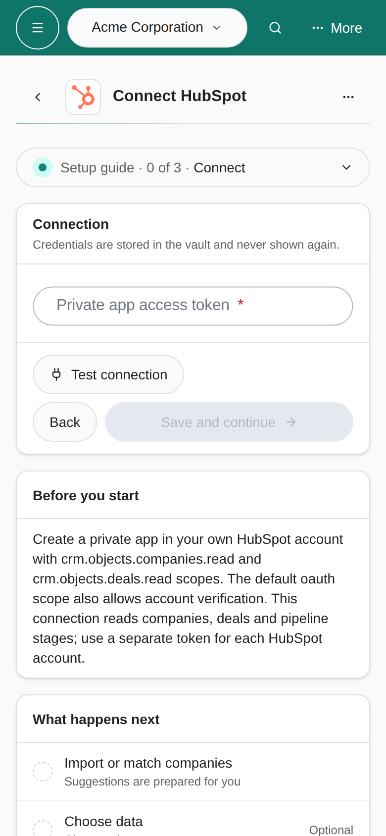Connect HubSpot page on a phone with the Setup guide menu, the Private app access token field and the Test connection and Save and continue buttons