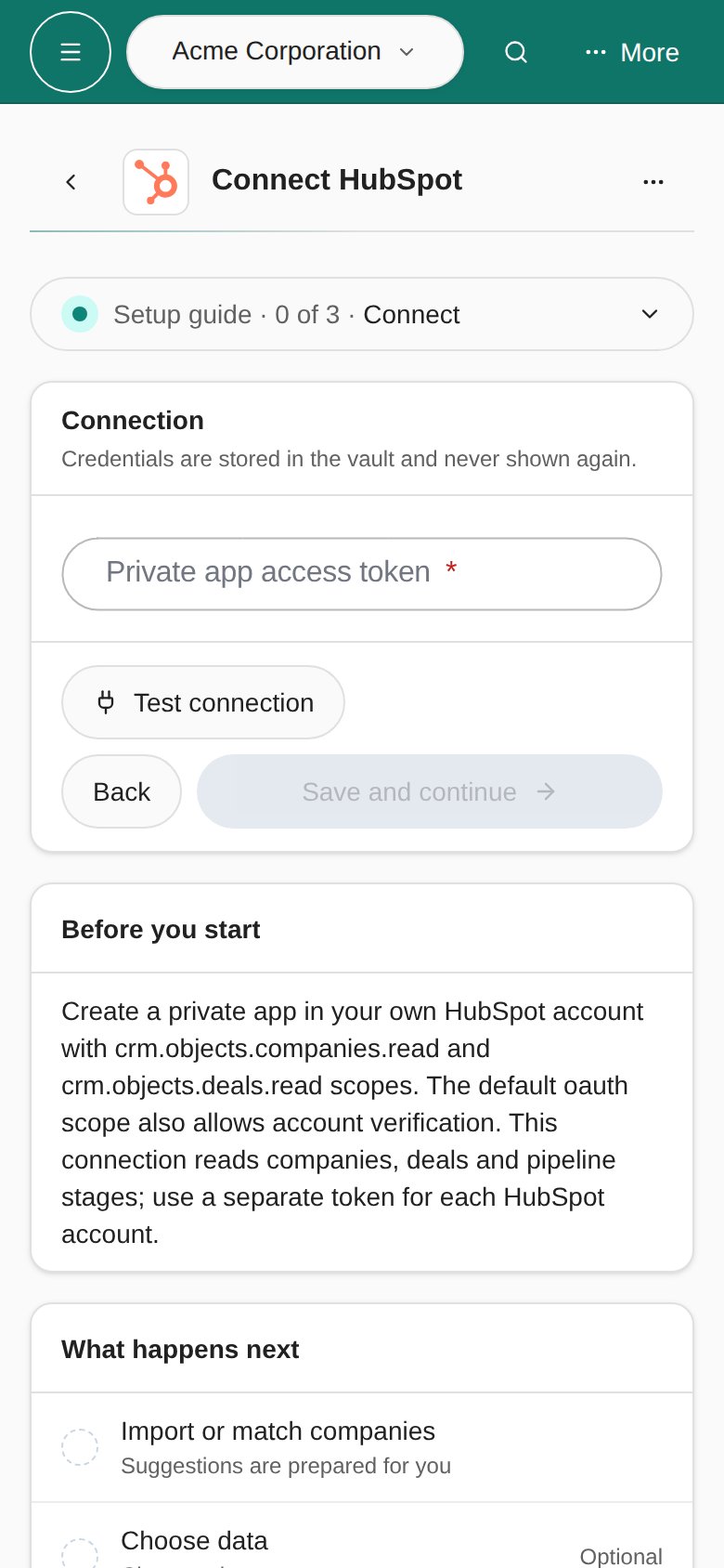 Connect HubSpot page on a phone with the Setup guide menu, the Private app access token field and the Test connection and Save and continue buttons