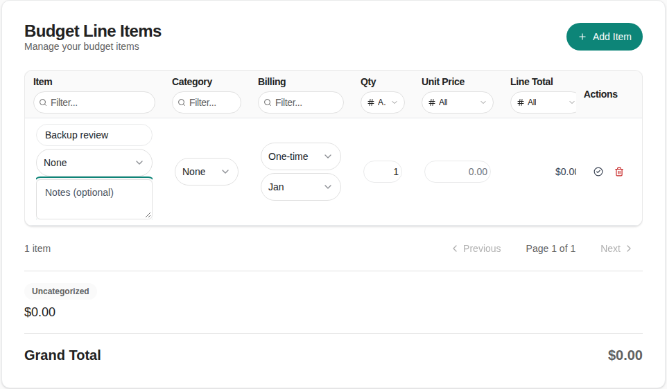 A manual budget row with Item, Category and Billing controls visible.