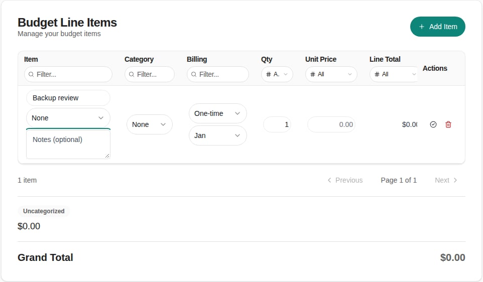 A manual budget row with Item, Category and Billing controls visible.