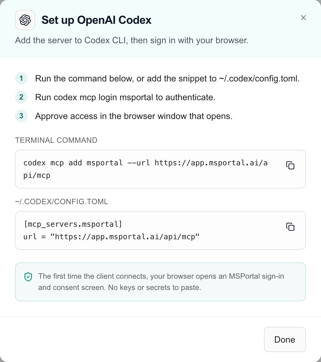 Codex MCP setup dialog with command, configuration and browser sign-in instructions.