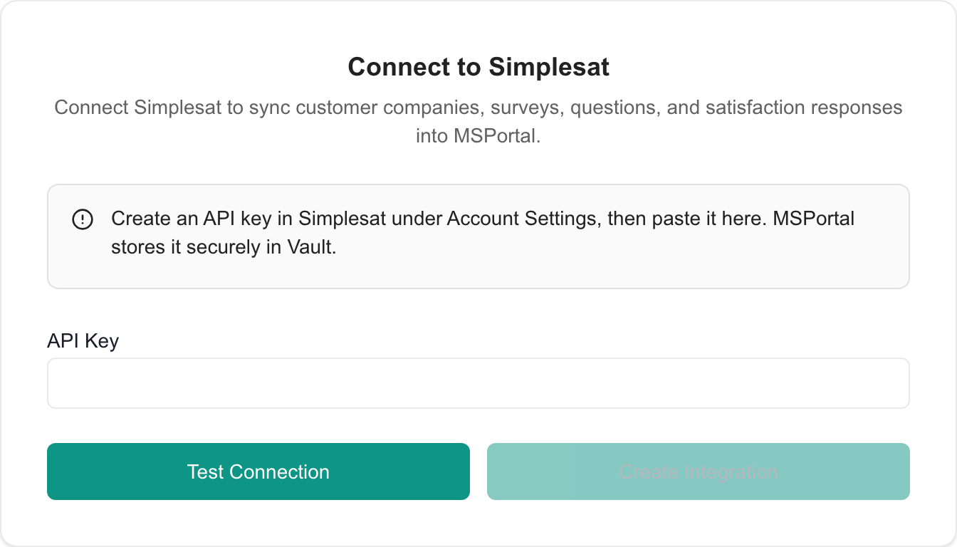 Simplesat connection card with blank API Key field and separate test and creation buttons.