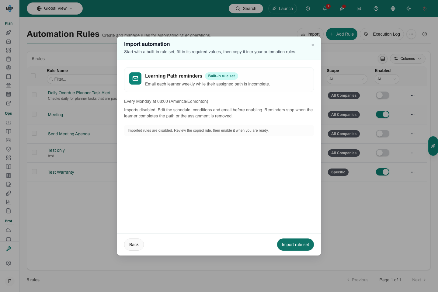 Learning Path reminder import preview showing Monday 08:00 in America/Edmonton.