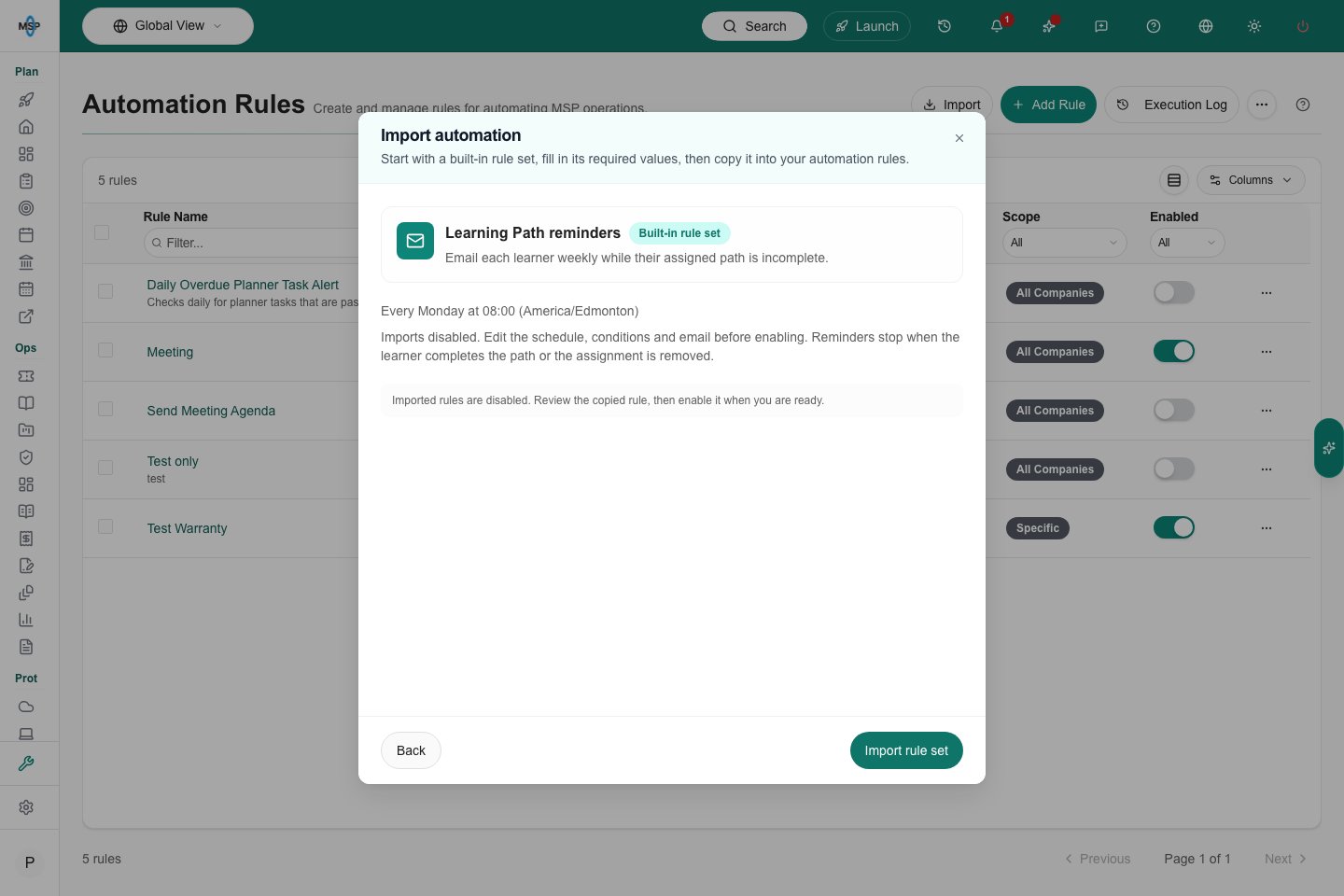 Learning Path reminder import preview showing Monday 08:00 in America/Edmonton.