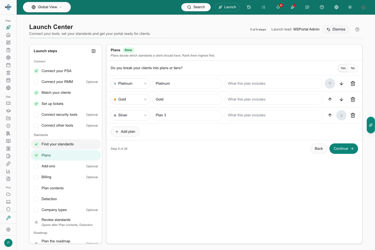 Launch Center Plans step with Yes selected and an existing plan.