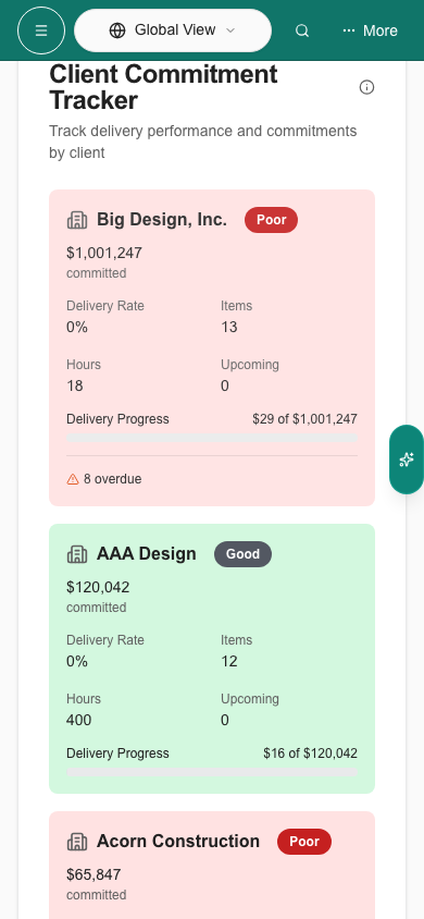 Client Commitment Tracker cards on a phone with names and amounts on separate lines.