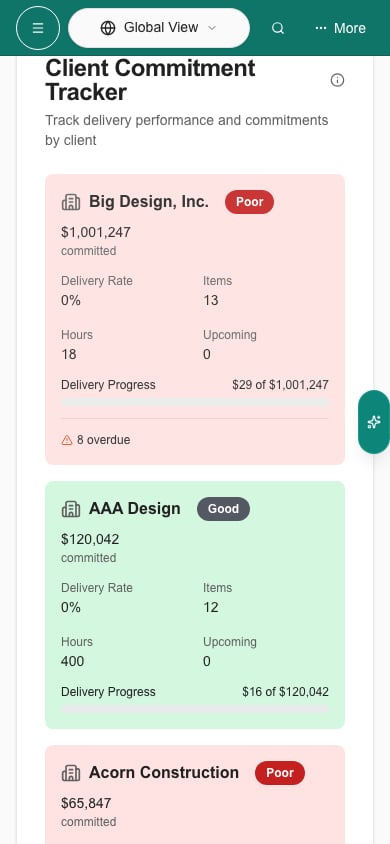 Client Commitment Tracker cards on a phone with names and amounts on separate lines.