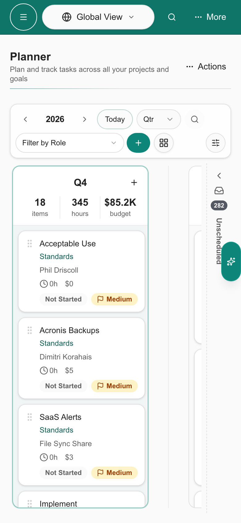 Planner Quarterly view on a phone with centered headers.