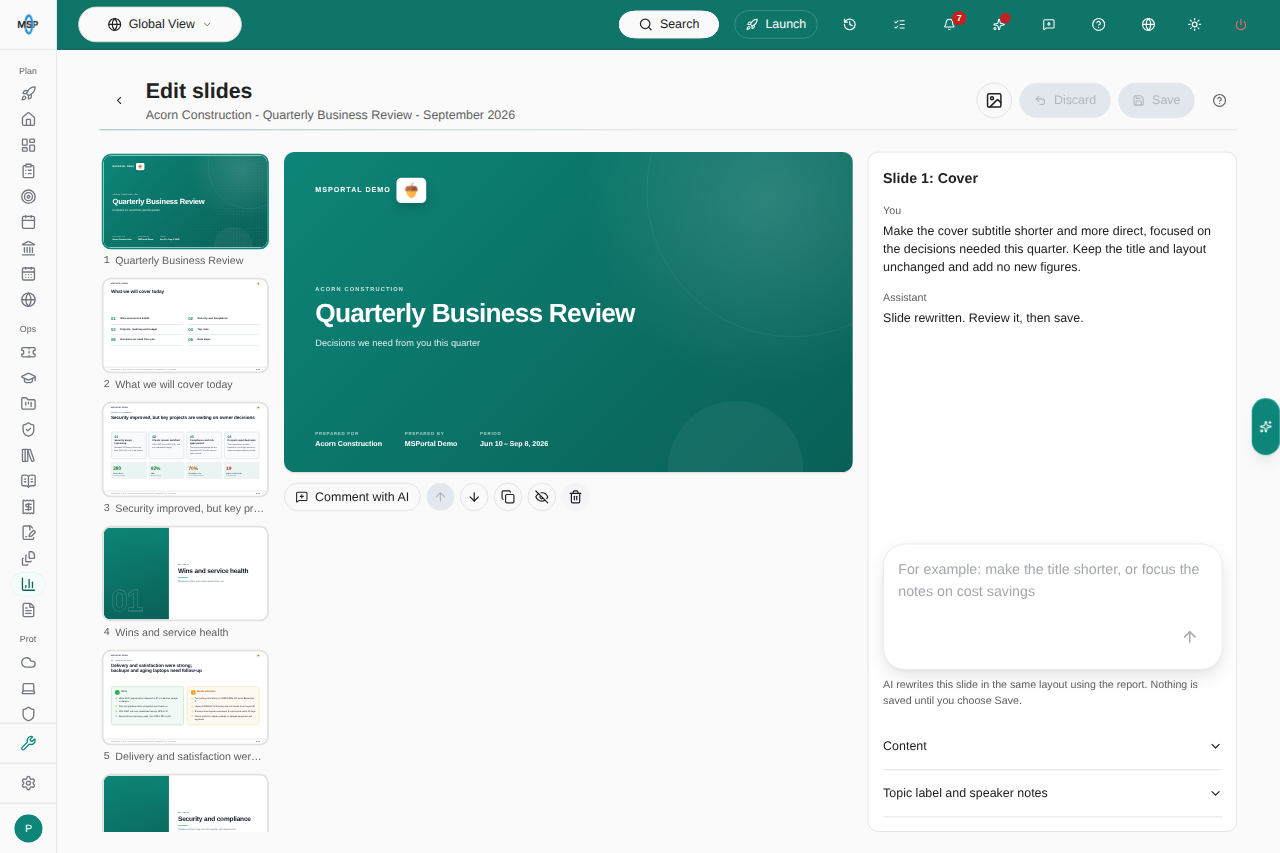 MSP slide editor with a saved Demo report cover, AI rewrite conversation, and Save and Discard controls