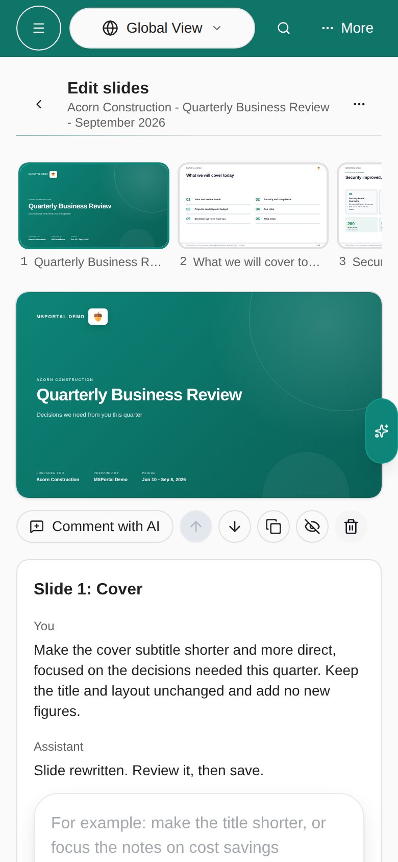 Phone slide editor showing the saved Demo report cover, slide list and AI rewrite conversation