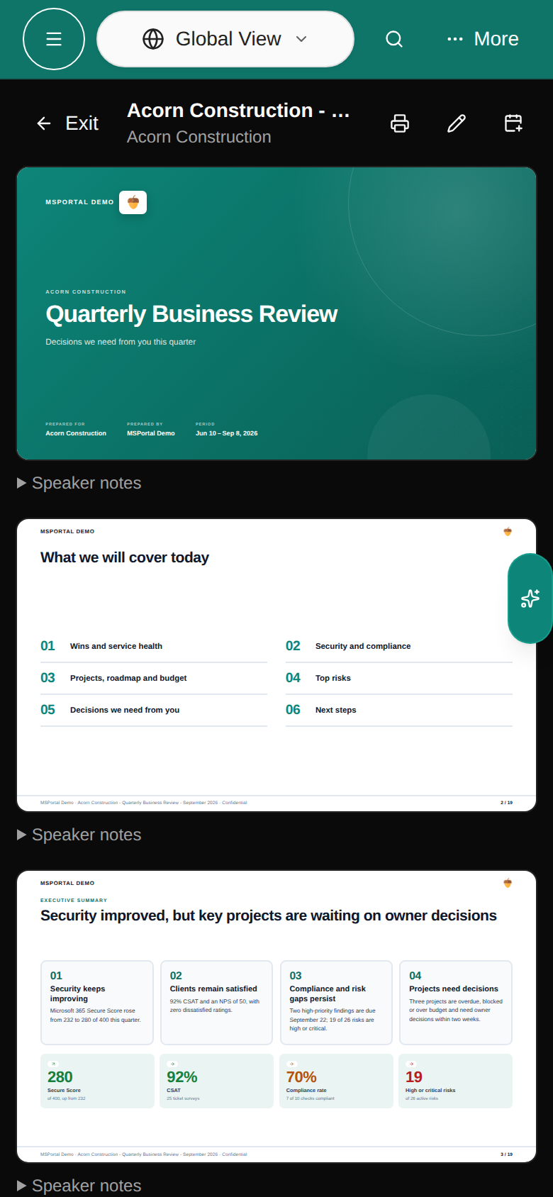 Phone presentation player with a print control, vertically stacked Demo slides and collapsible speaker notes