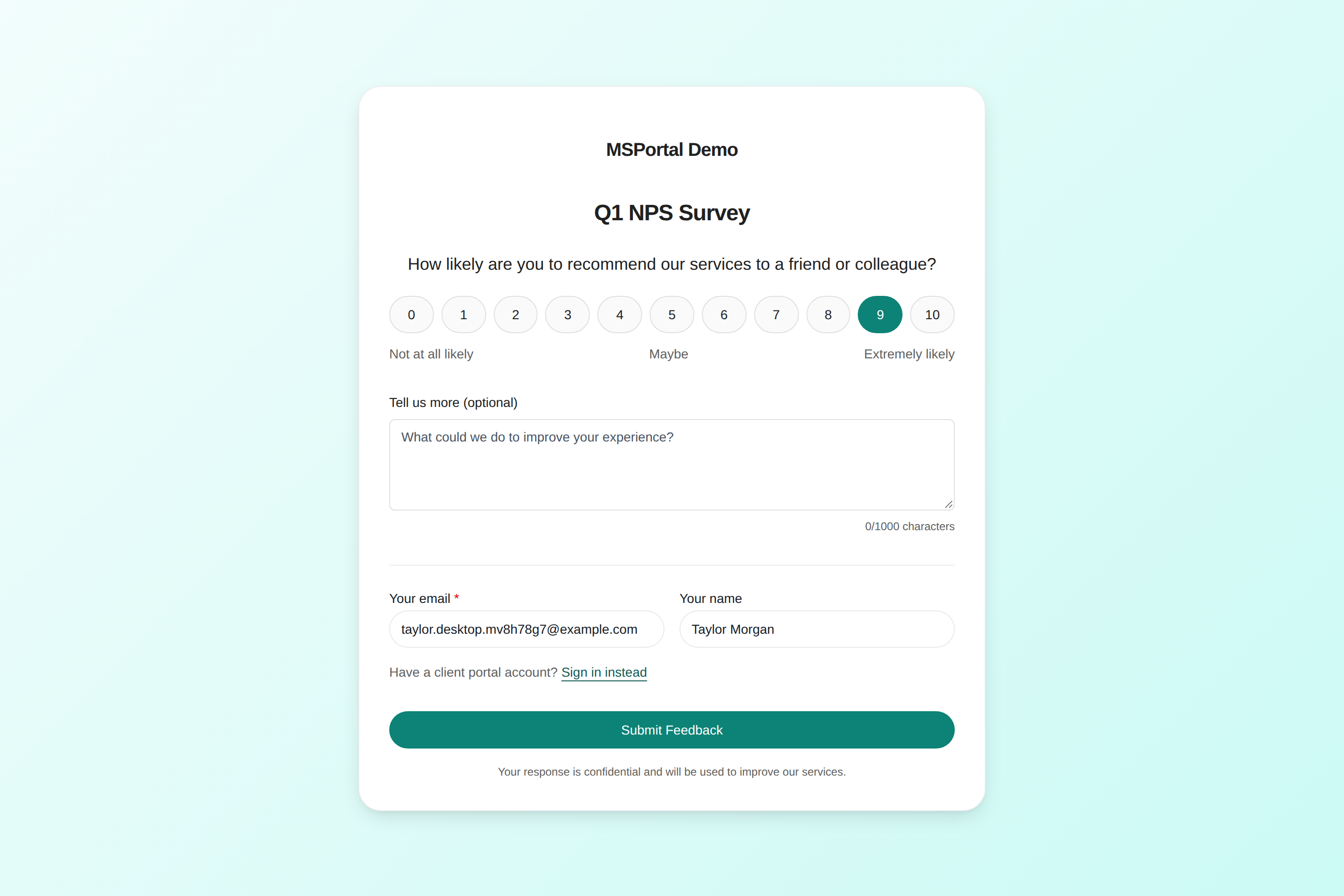 NPS survey page with score 9 selected and the respondent's email and name filled in