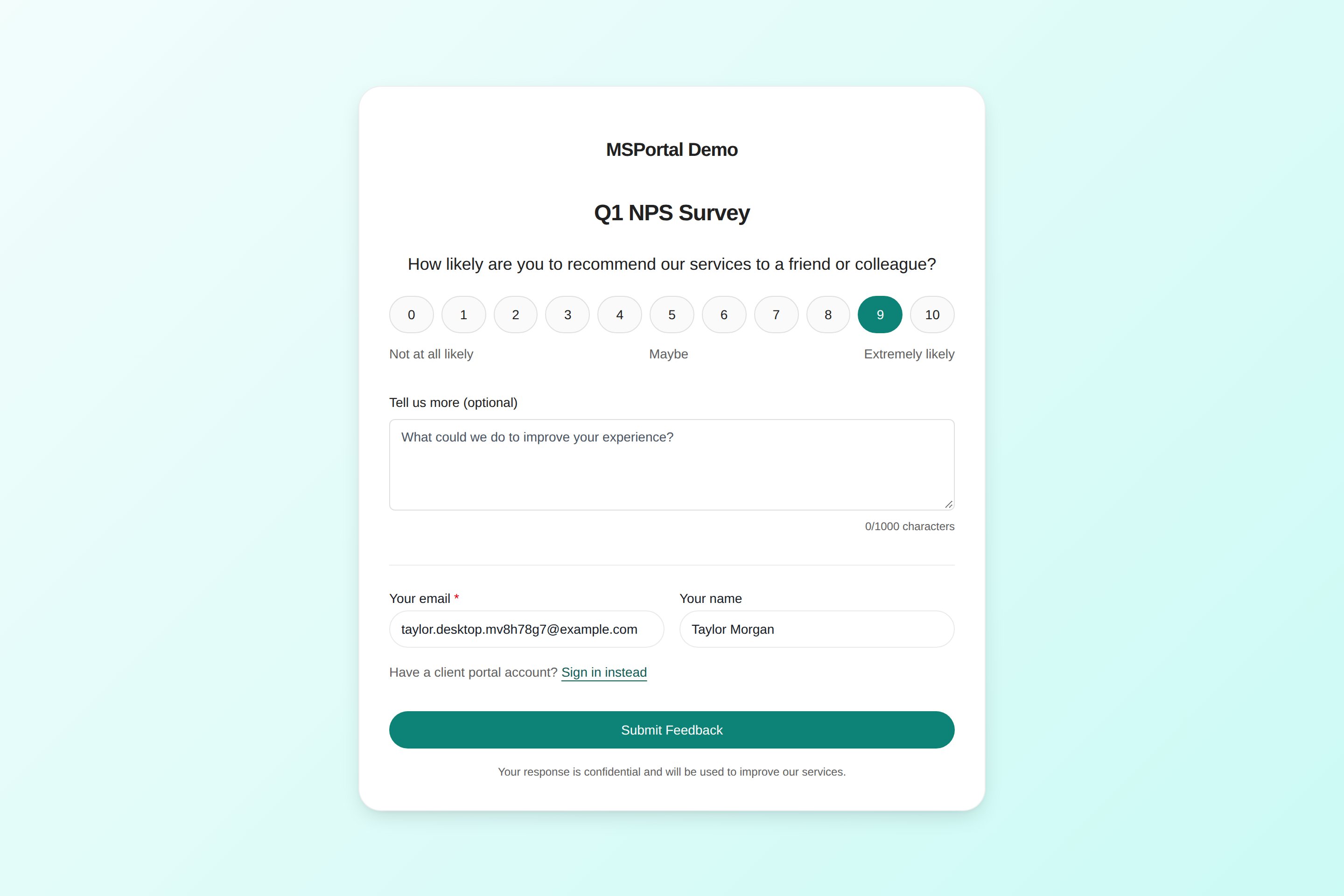 NPS survey page with score 9 selected and the respondent's email and name filled in
