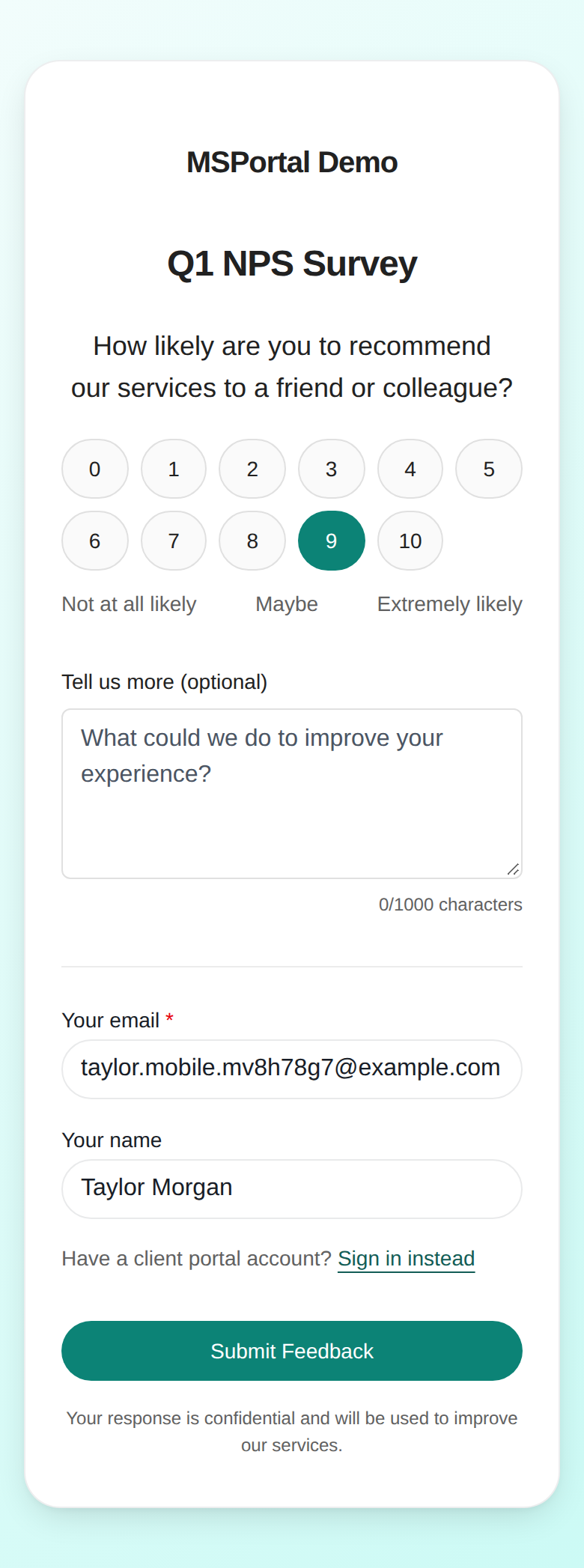 NPS survey opened from a newsletter link on a phone