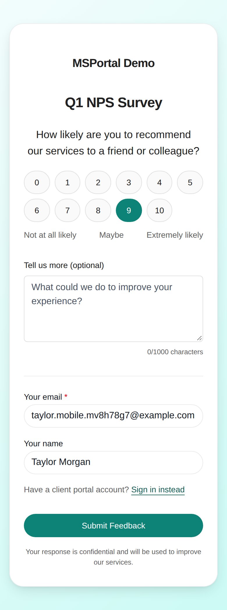 NPS survey opened from a newsletter link on a phone