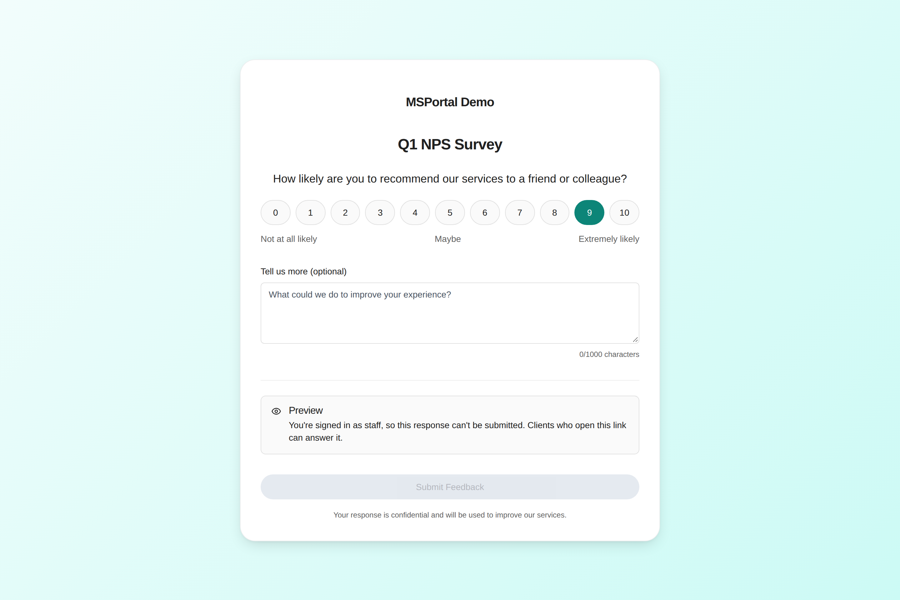 NPS survey preview with a notice that staff responses can't be submitted