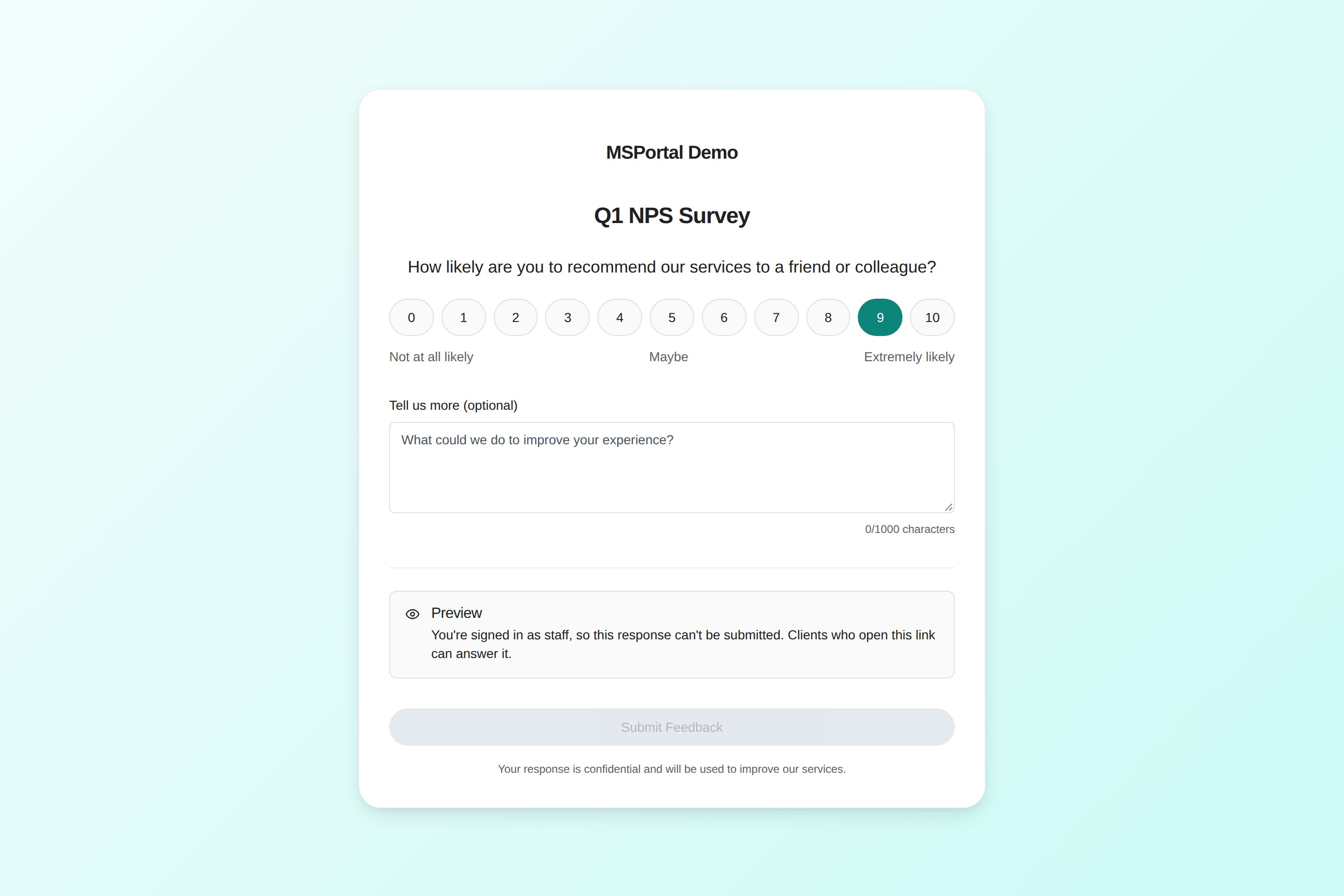 NPS survey preview with a notice that staff responses can't be submitted