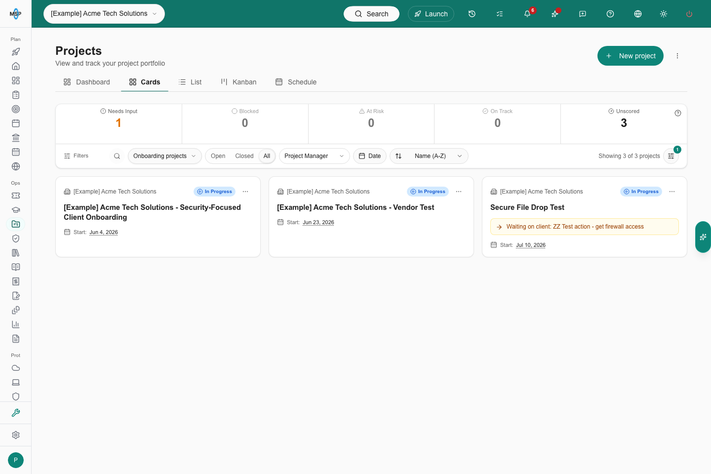 Projects Cards with Onboarding projects selected and All showing three linked Example company projects