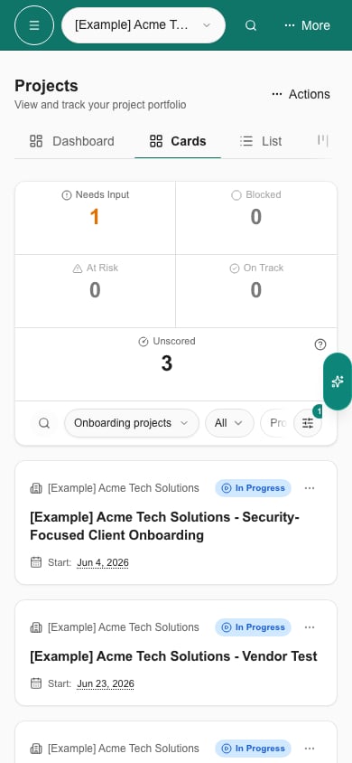 Phone Cards view showing linked onboarding projects with All selected