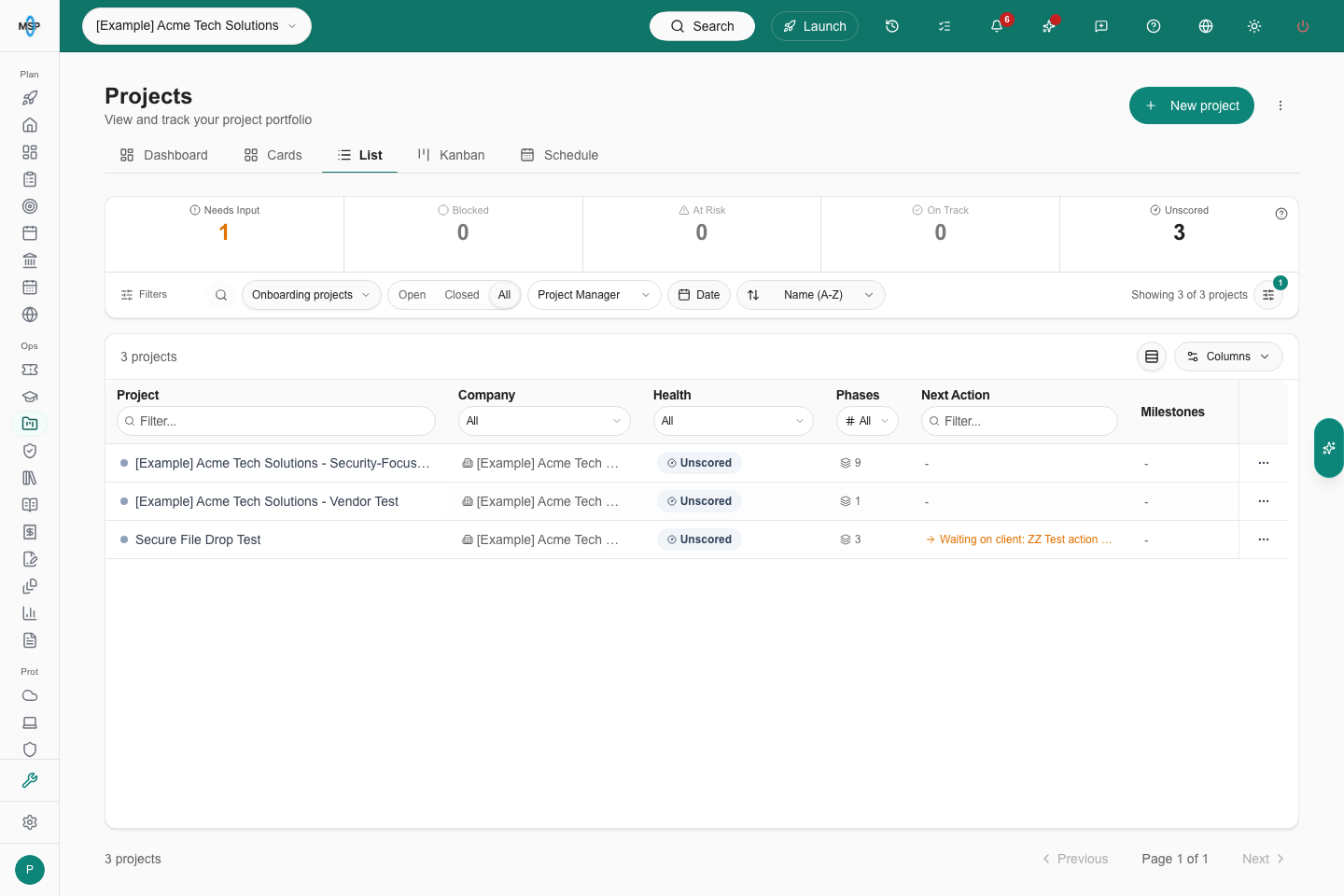 Projects List with All onboarding showing three linked Example company projects
