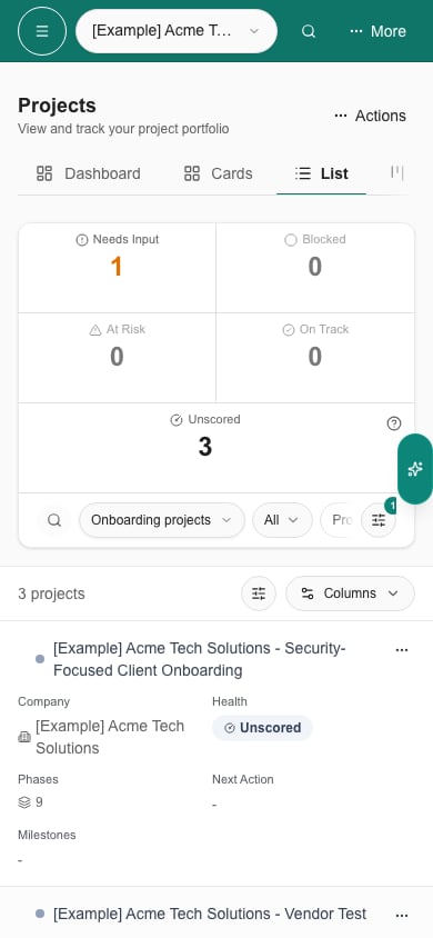 Phone List view showing linked onboarding projects with All selected